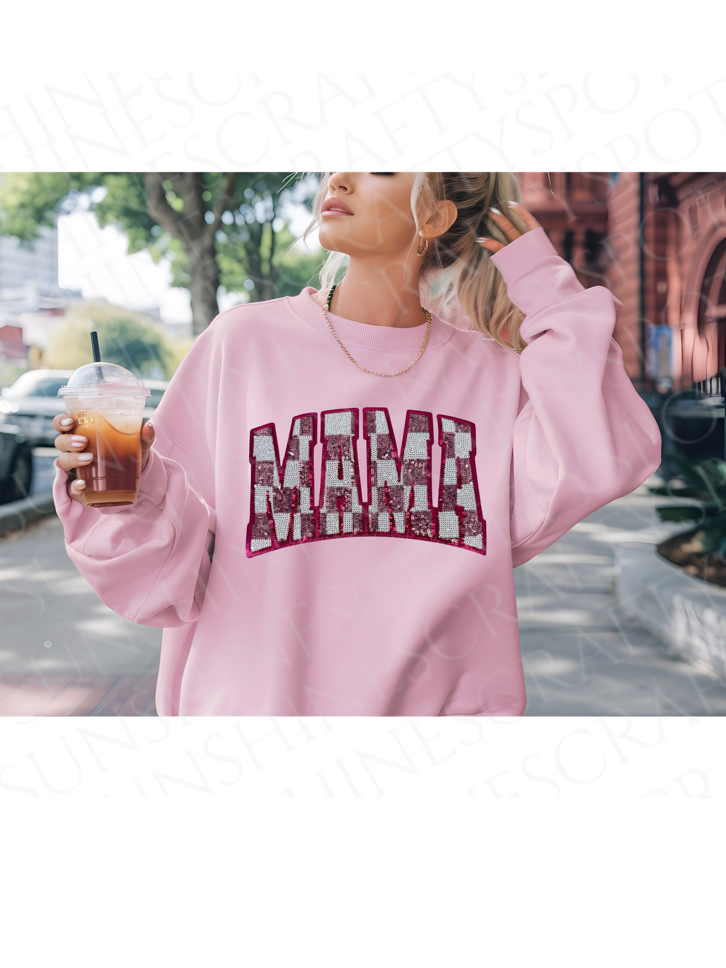 Pink White Mama Checkered Sequin Sweatshirt